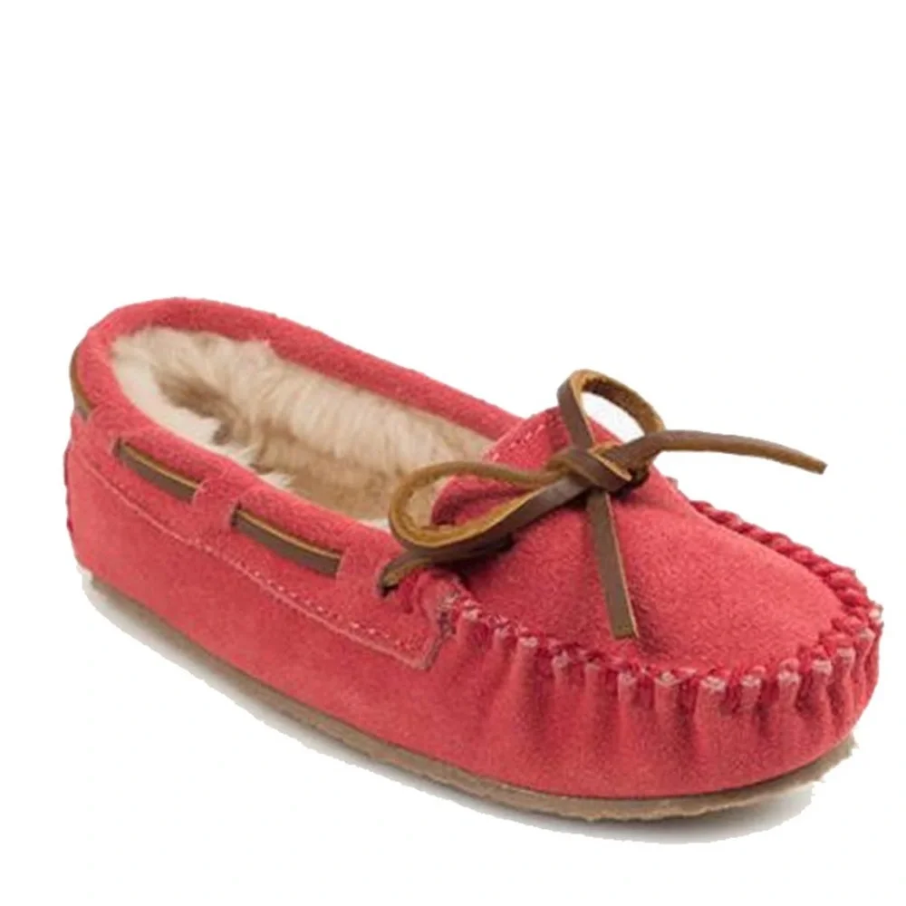 Minnetonka Moccasins Slippers Sz 2 Cassie Hot Pink Suede Leather Youth EUC